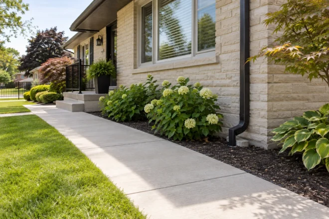 Concrete walkway beside a cream-brick bungalow and garden bed