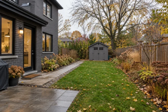 Rear lawn and shed path cleared in autumn while border plants and light leaf cover remain.