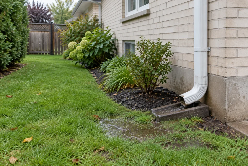 Downspout and splash block beside a shallow wet patch in lawn