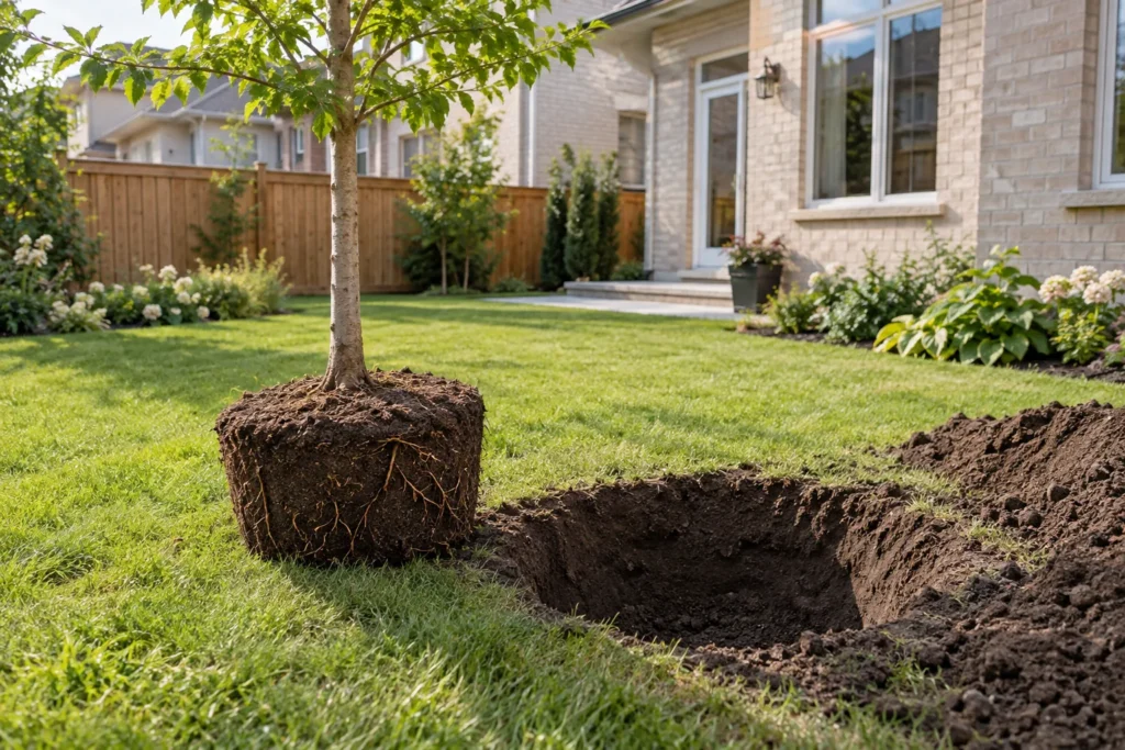 Tree planting hole proportioned to visible root ball