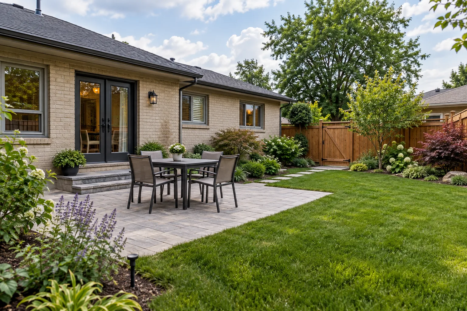 Dining terrace, lawn and planted borders behind a cream-brick bungalow