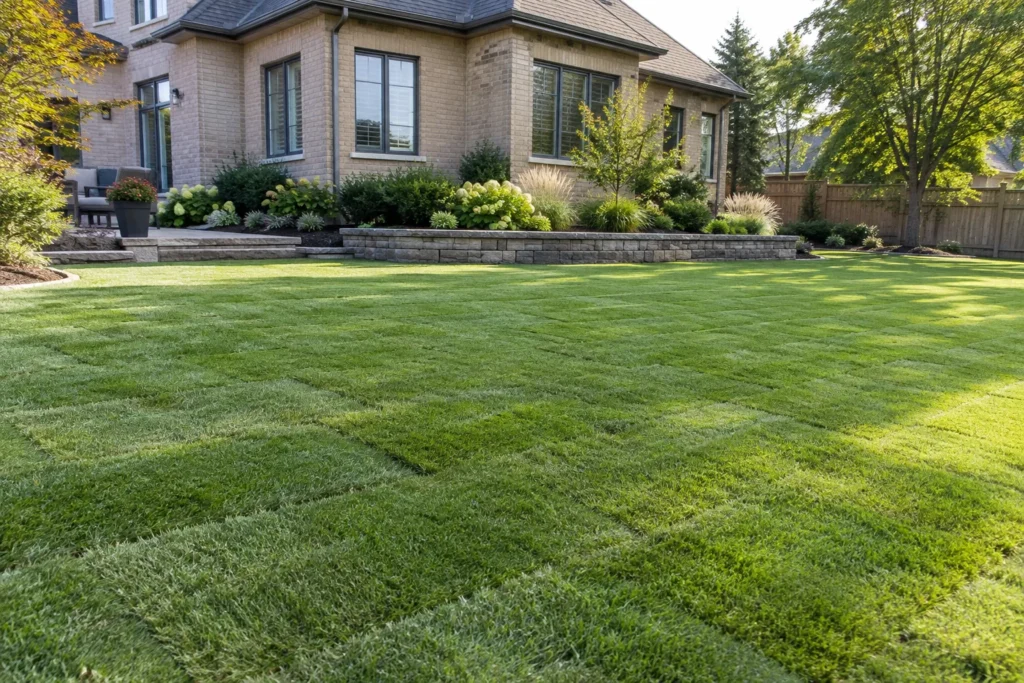 New sod with staggered joints below a low raised planting bed