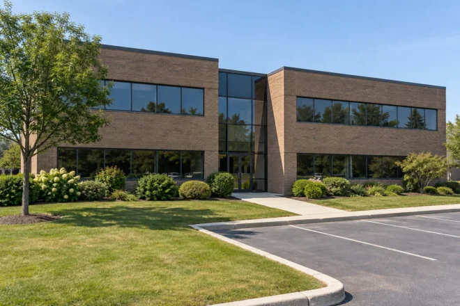Office lawn and low garden beds edged neatly beside a concrete entrance walk and parking curb.