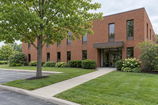 Red-brick office entrance with a direct concrete walk, front lawn and low shrub beds.