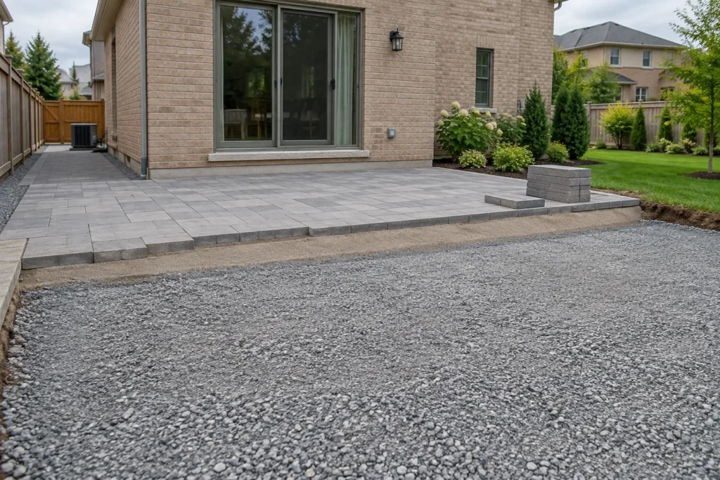 Compacted aggregate and bedding beside a partly laid paver terrace
