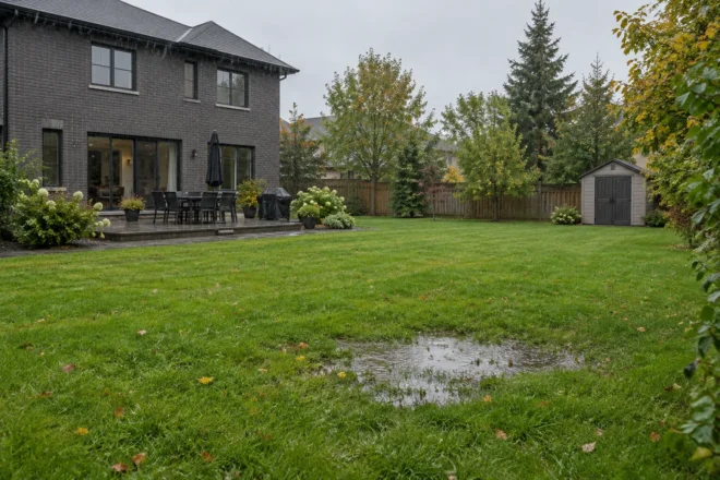 Shallow lawn puddle in a backyard during light rain