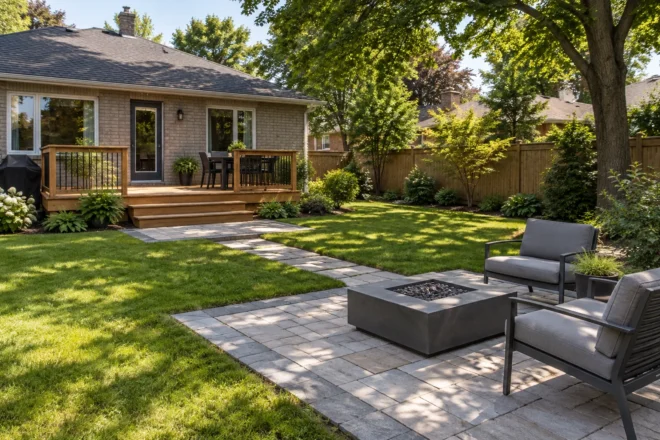 Stone lounge with an unlit gas table connected by a path to a separate low cedar deck.