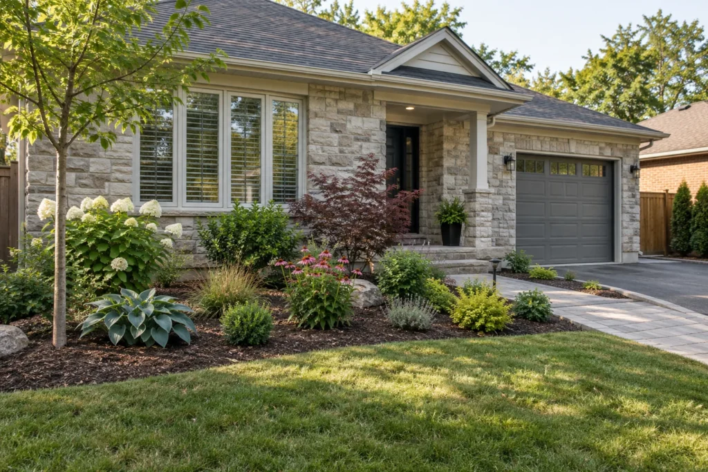 Spaced shrubs and perennials in a mulched front garden beside a walkway