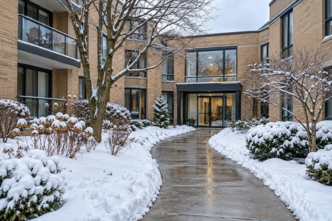 Condo common courtyard path in winter