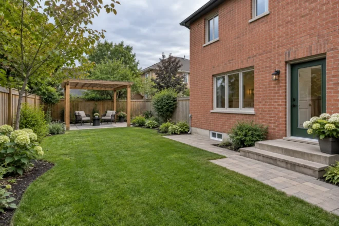 Small timber pergola seating area beyond the lawn at a red-brick house