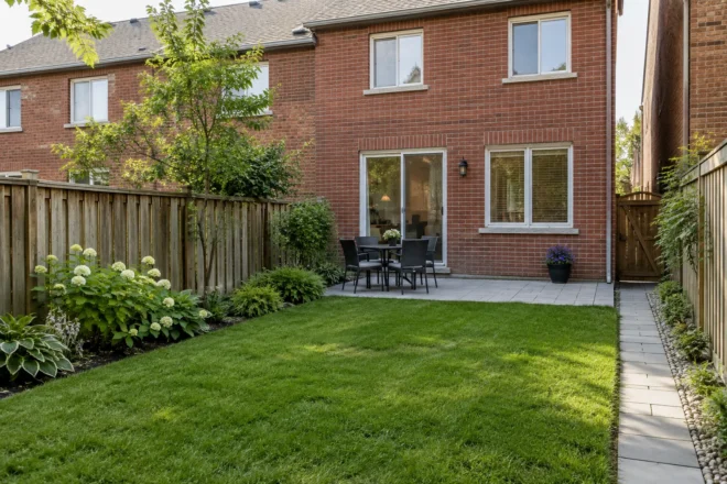 Townhouse garden with open lawn and a narrow side path