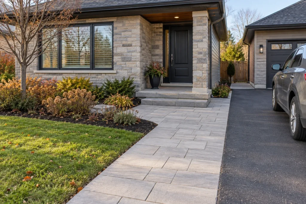 Flush-edged paver path beside a driveway leading to a stone-accent bungalow entrance.