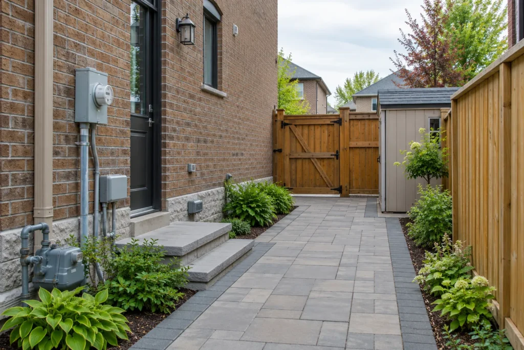 Paver side path beside a brick house leading to a wide wooden gate