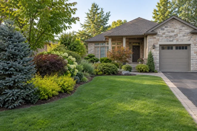 Established mixed hedge beside medium lawn