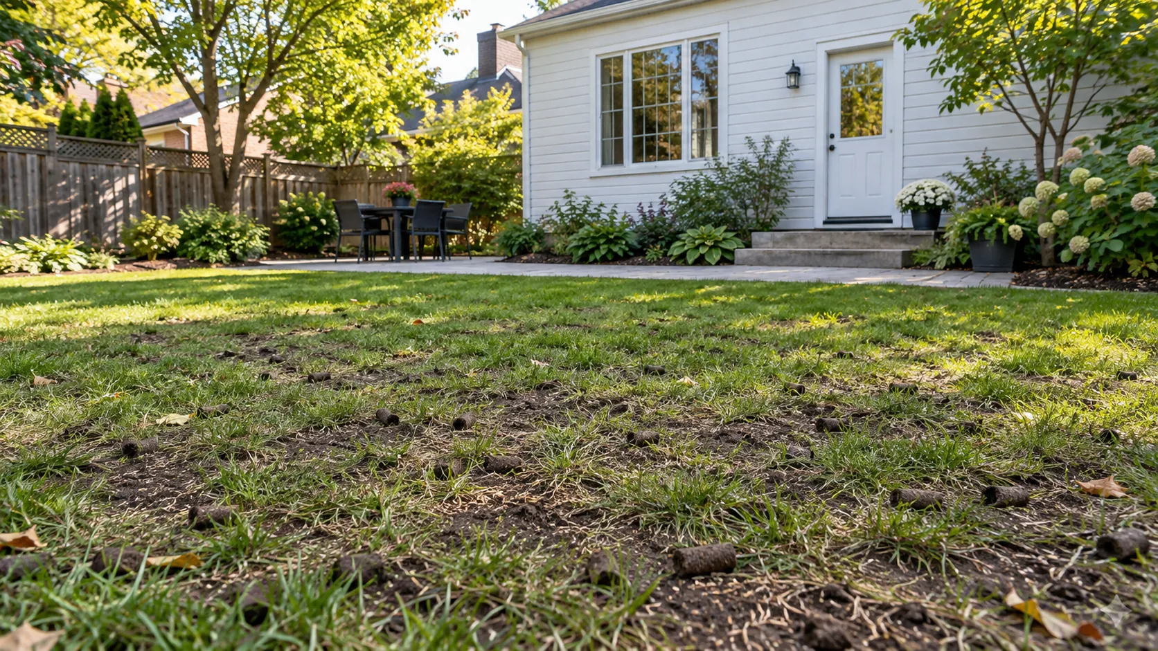 Thin backyard lawn with exposed soil and scattered aeration plugs beside a white-sided house
