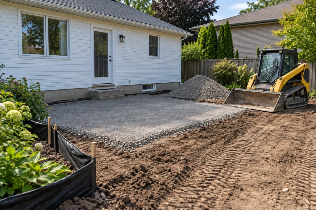 Compact tracked loader beside patio base work crossing an unfinished lawn area