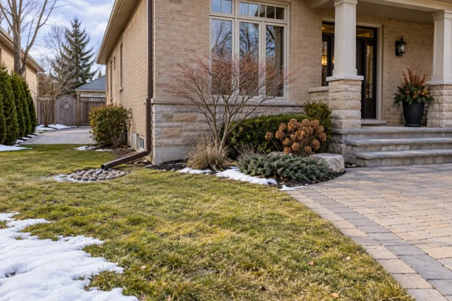 Winter downspout outlet with open discharge space away from the entry