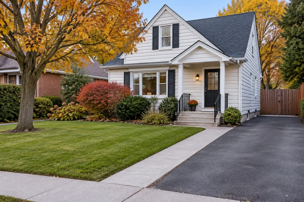 Clear front walk and driveway beside an open autumn lawn and white-sided house.