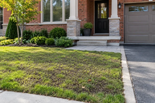 Small townhouse lawn with thin grass and exposed prepared soil