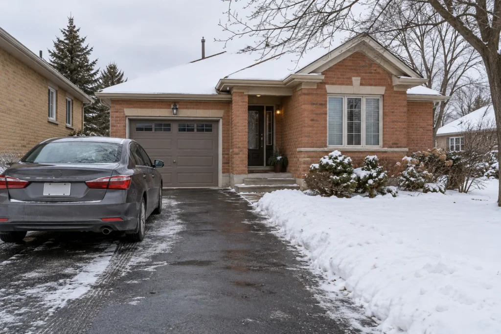 Clear private driveway reaching garage with parked-vehicle constraints