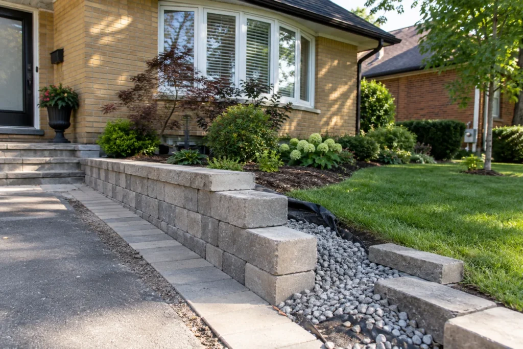 Unfinished low garden wall with drainage aggregate visible behind the blocks