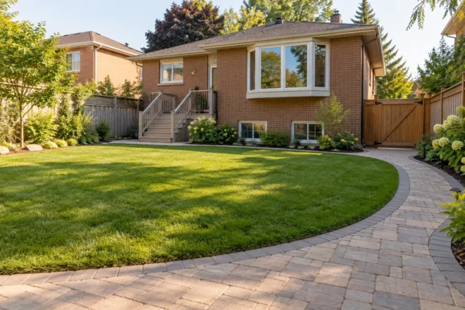 Open backyard lawn edged by a curved paver route leading to a side gate