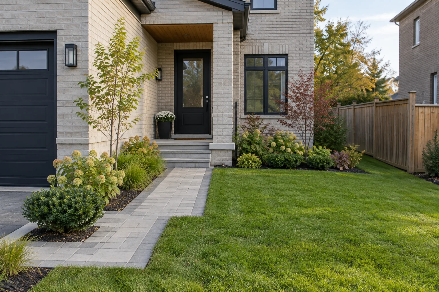 entry walk, lawn and low planting