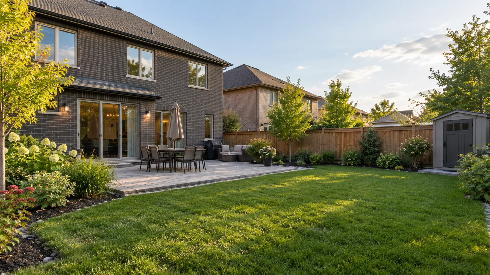 Believable integrated medium residential landscape with hardscape, lawn, garden and house context