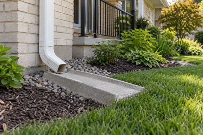 Concrete splash block directing roof water toward lawn