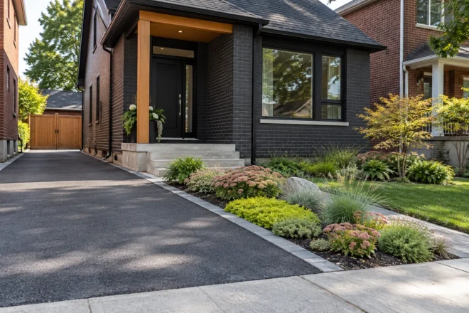 Low garden planting beside a straight driveway at a small dark-brick home