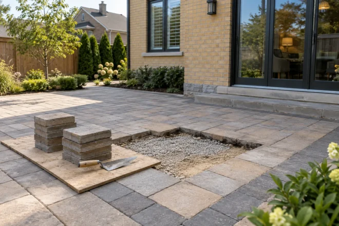 Intact patio pavers lifted and stacked beside a bounded repair patch