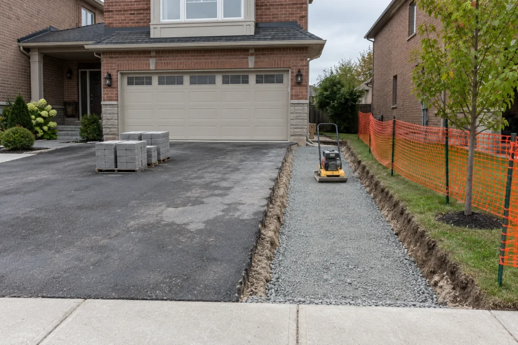 Compacted aggregate widening strip beside an existing asphalt driveway with planting protection