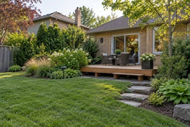 Layered privacy shrubs around a modest deck