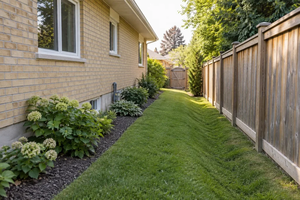 Open grass swale in a narrow side yard