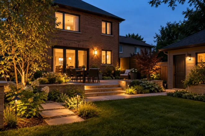 Small backyard terrace lit with warm restrained fixtures