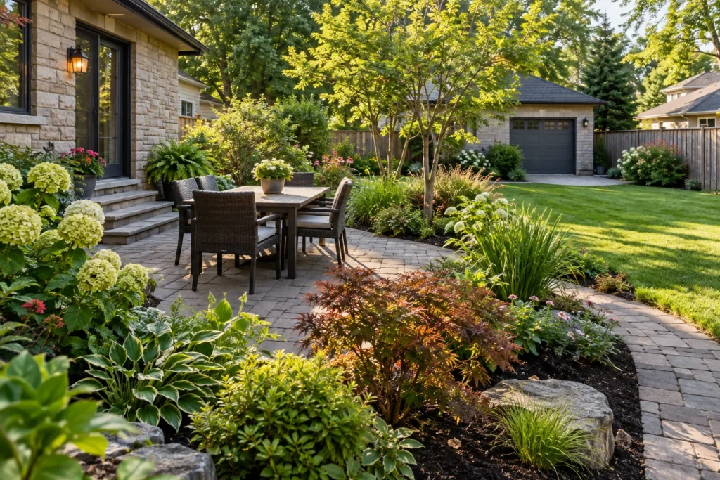 Garden beds framing a small paver dining patio with clear access