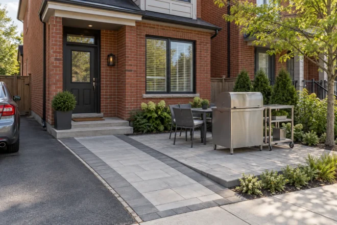 Compact townhouse terrace with a small barbecue and preparation cart beside a clear entrance walk