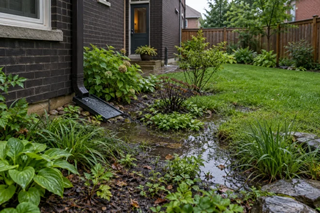 Roof runoff reaching a wet garden low point beside a dark-brick home