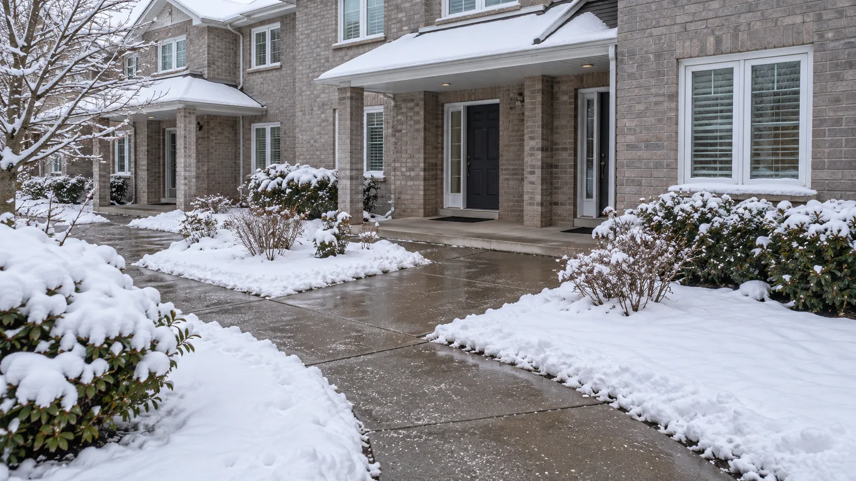 Commercial entrance after thaw with restrained visible ice-control treatment and clear walk