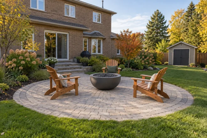 Unlit manufactured gas bowl and cedar chairs on a circular paver patio.