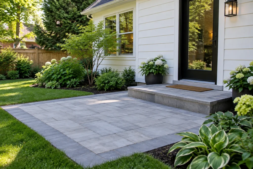 Pale concrete-slab terrace meeting a rear door landing and lawn