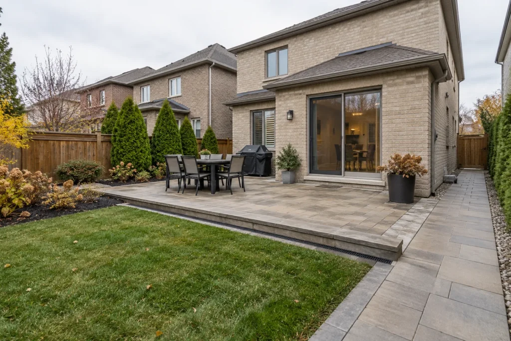 Raised paver dining terrace with a low lawn transition and linear surface grate