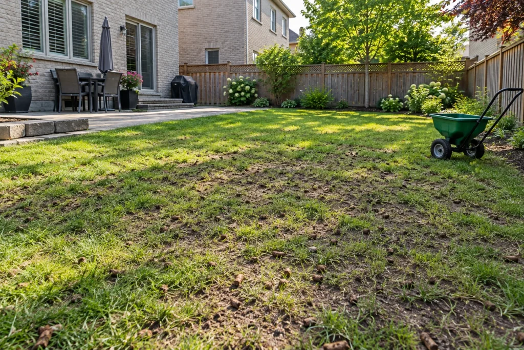 Thin existing lawn with aeration plugs and an unbranded seed spreader