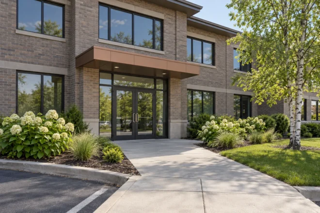 Professional office entrance framed by low shrubs, grasses and birch beside a clear walkway.