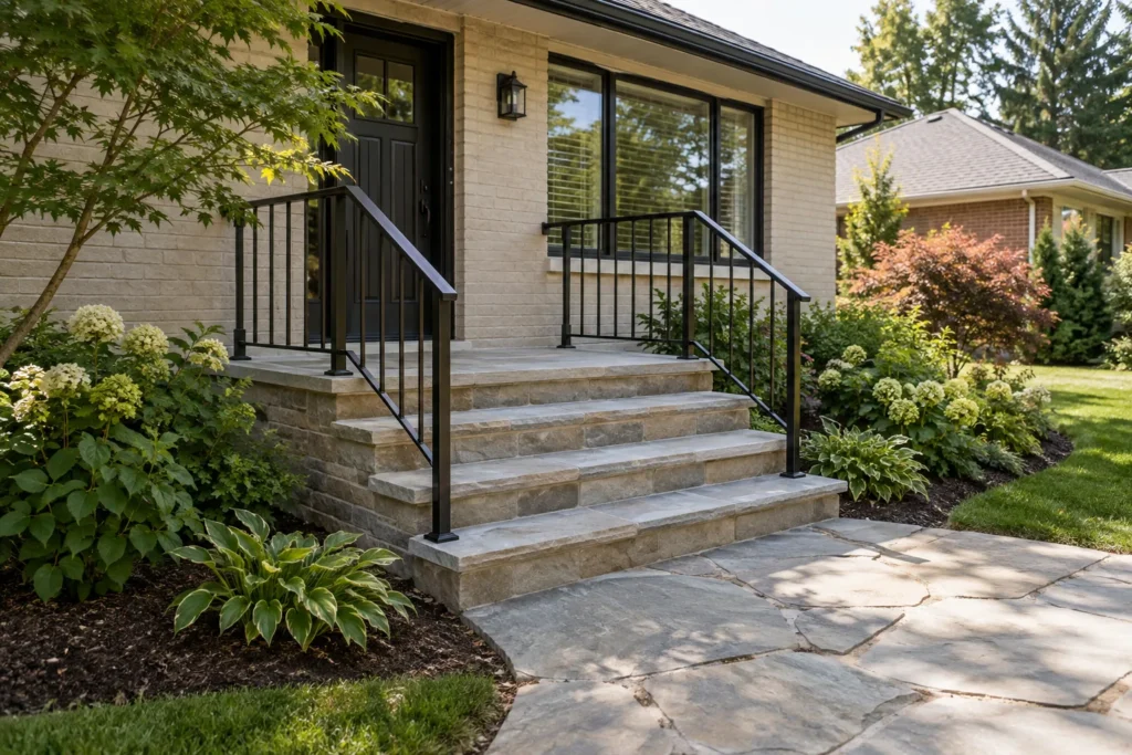 Stone entry stair with consistent treads, a broad landing and black rails on both sides.