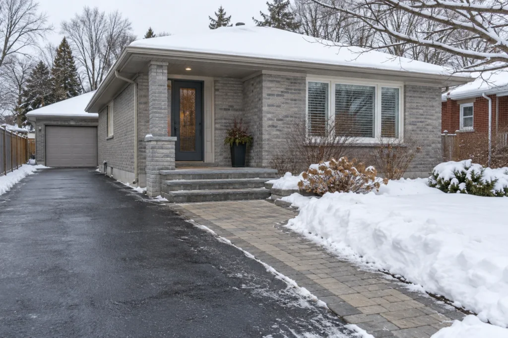 Cleared bungalow driveway and front walk with snow stored beside the route