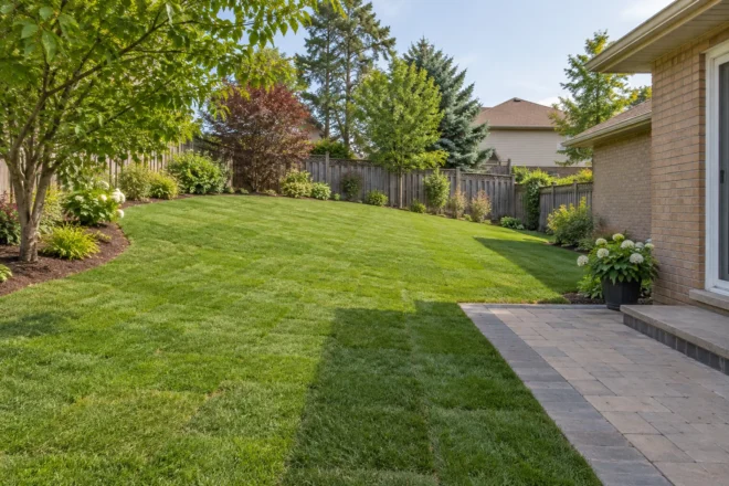 Fresh sod follows a gentle backyard slope beside a buff-brick home