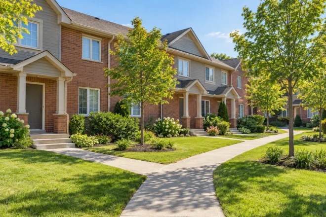 Townhouse common lawn with shared concrete walks and low planted borders.