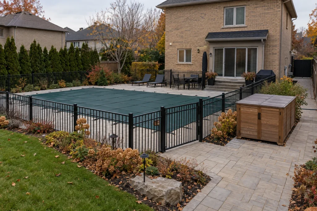 Autumn covered pool with clear gate approach and nearby outdoor storage cabinet