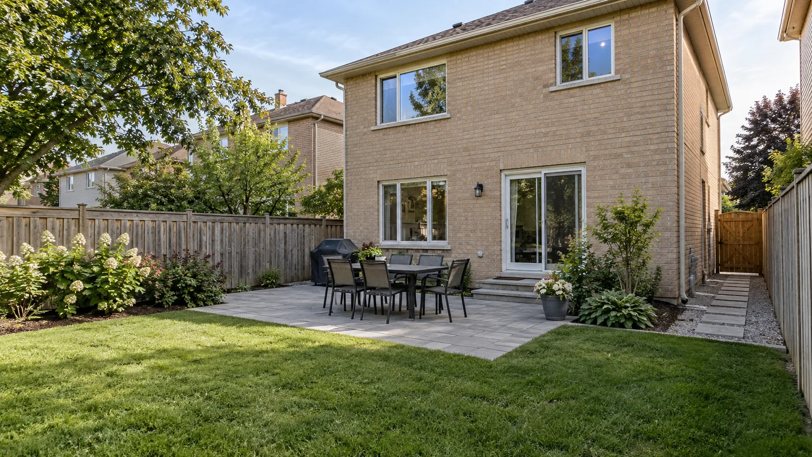Rear yard with a grey dining patio, lawn, planting and a side path beside a buff-brick house